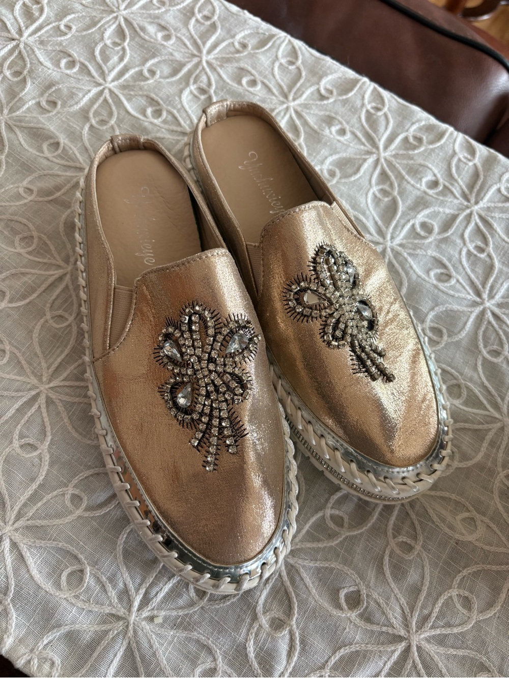 Adrienne Metallic Gold Beaded Slip-On Mules